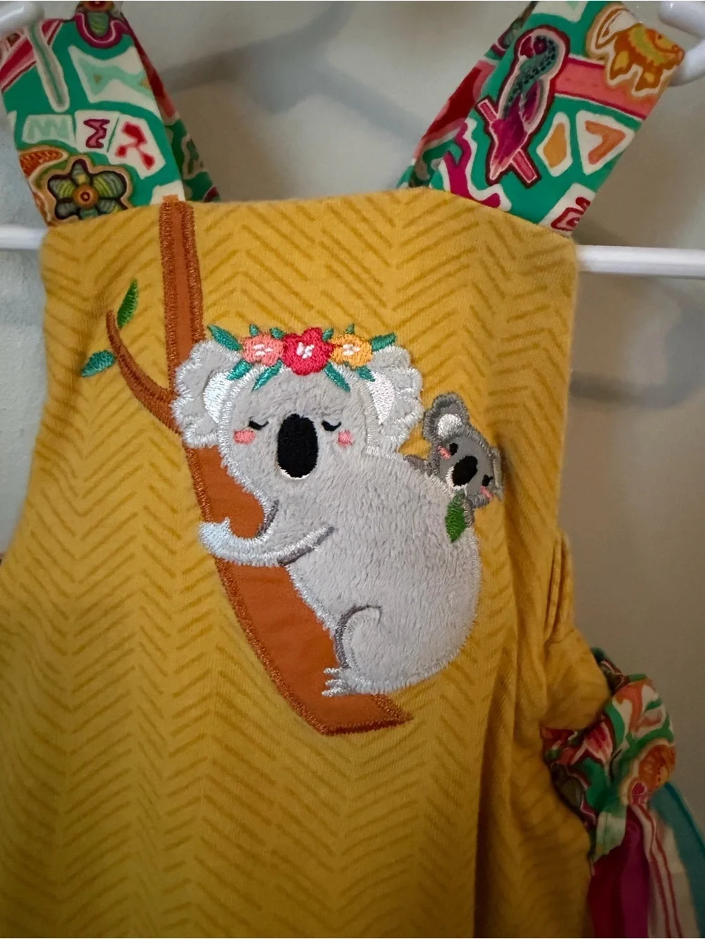 Ricrac & Ruffles Girls 0-3M Yellow Koala Embroidered Ruffle Romper Sleeveless